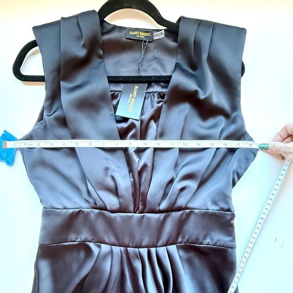 NWT Ramy Brook Quinn Pleated Deep V-neck Satin Gown in black. Size 10